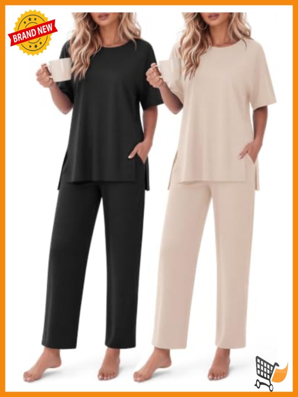 Women's 2-Piece Lounge Set Short Sleeve Top Long Pants Soft Stretchy
